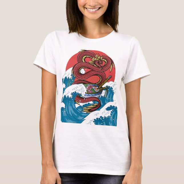 Camiseta O Excelente kanagawa ondas Red Dragon Japonês Rame (Frente)