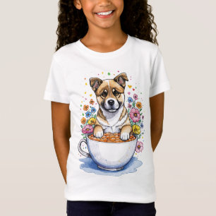 Camiseta O filhote americano Akita nas flores com um copo