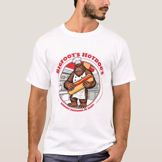 Camiseta O Footlong Mais Longo da Cidade do Bigfoot's Hotdo (Frente)