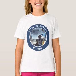 Camiseta O Gato Negro do Halloween e a Bruxa Noite Estrelad