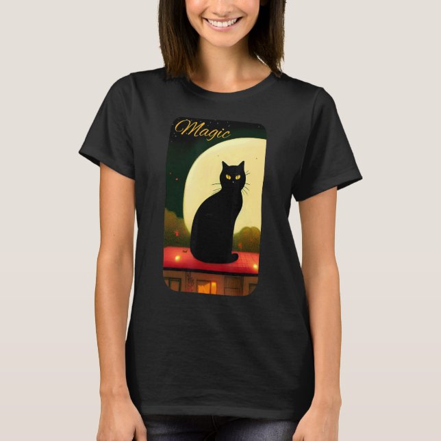 Camiseta O Gato Negro Mágico na lua, Bate-papo em Aes Noir (Frente)