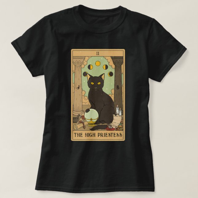 Camiseta O Gato Preto Preto Do Tarot Card Alto, M Místico (Frente do Design)