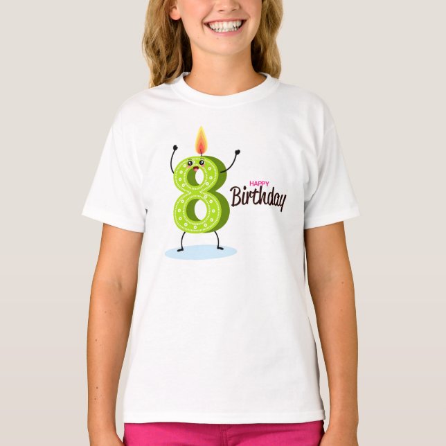 Camiseta O grande número verde 8 com o feliz aniversário da (Frente)