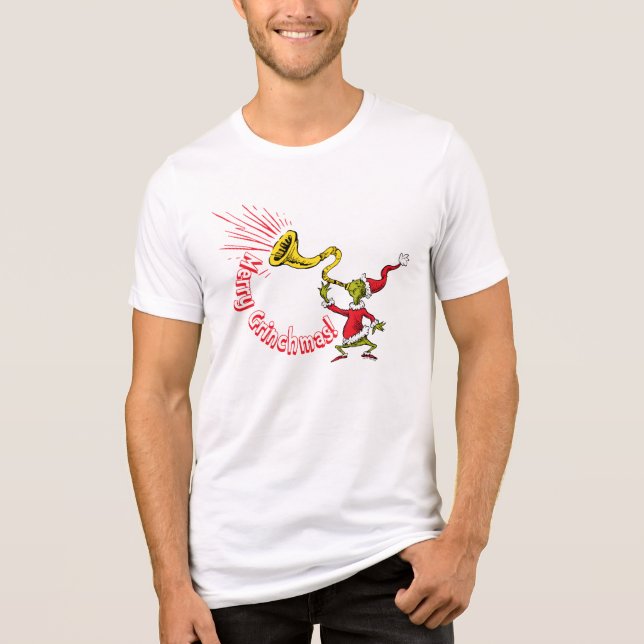 Camiseta O Grinch Tocando a Corneta do Grinchmas Alegre (Frente)