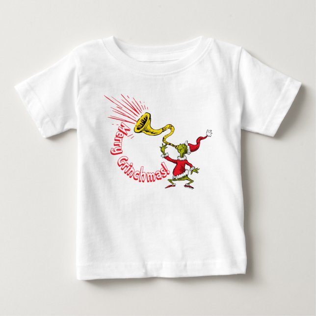 Camiseta O Grinch Tocando a Corneta do Grinchmas Alegre (Frente)