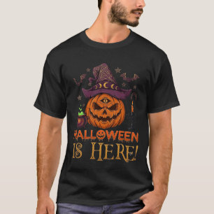 Camiseta O Halloween Chegou Abóbora Chapéu de Bruxa Caldeir