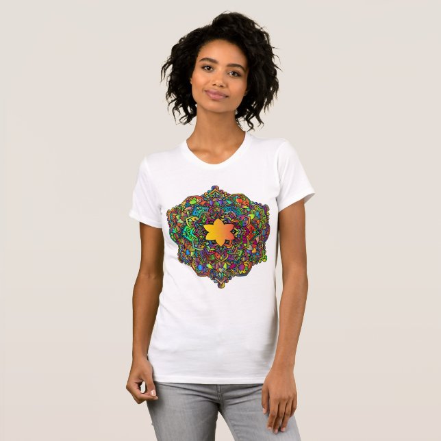 Camiseta O jérsei fino da mulher cor-de-rosa da mandala (Frente Completa)