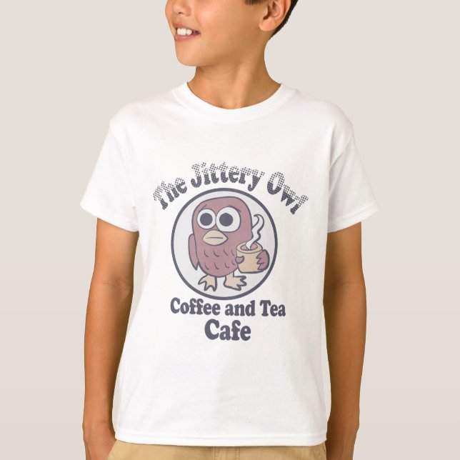 Camiseta O Jittery Owl Café de Café e Chá (Frente)