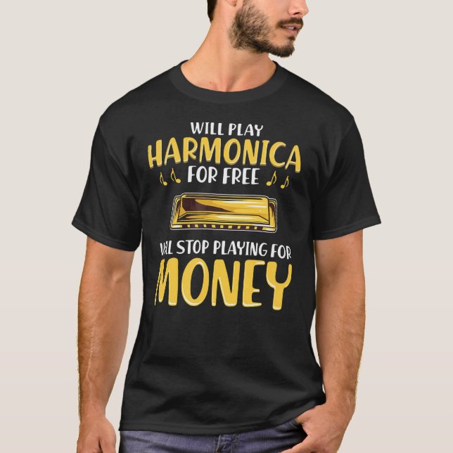 Camiseta O jogador engraçado da harmônica parará de jogar (Frente)