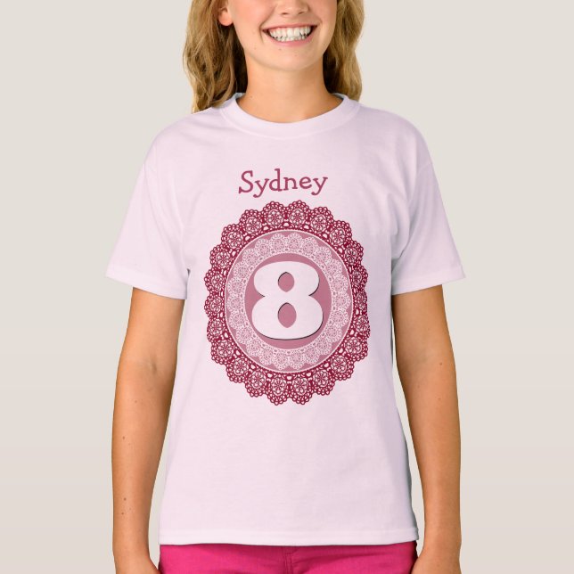 Camiseta O laço da menina de 8 aniversários circunda o nome (Frente)