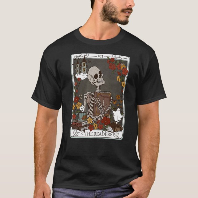 Camiseta O leitor Tarot Card Skeleton Librarian me contou (Frente)