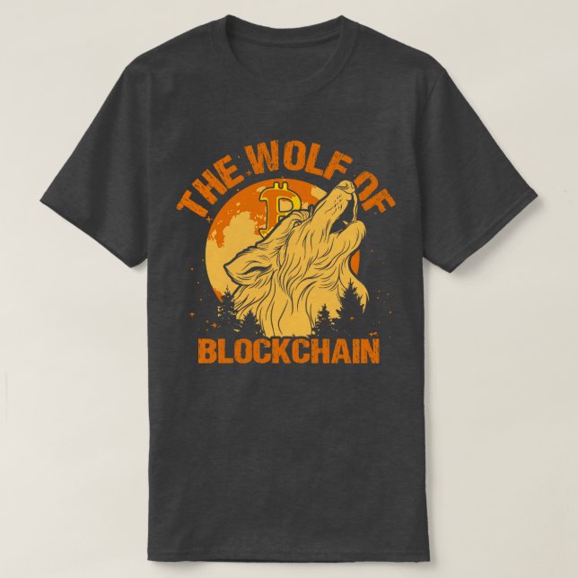 Camiseta O Lobo da Blockchain Engraçado Bitmoney Wall Stree (Frente do Design)