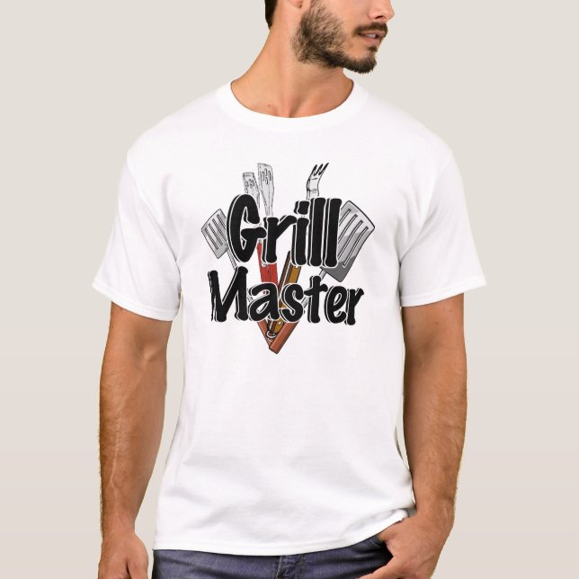 Camiseta O Mestre da Churrasqueira com Ferramentas de BBQ (Frente)