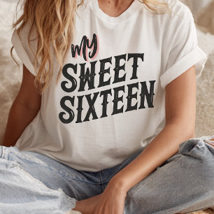 Camiseta O meu doce 16 moderno texto preto e rosa