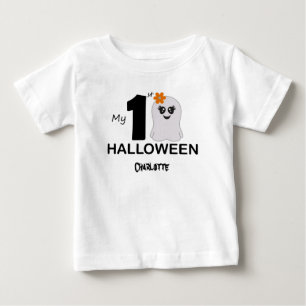 Camiseta O meu Halloween de 1rua. Fantasma na folha. Nome e