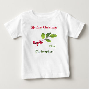 Camiseta O meu primeiro nome de Natal data Holly berry T-Sh