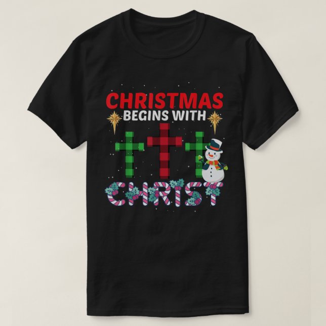 Camiseta O Natal Começa Com O Cristo Snowman Christian Rel (Frente do Design)