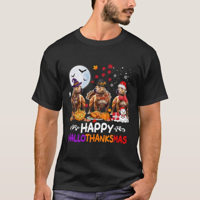 Camiseta O Natal do Cão Pitbull Feliz Hallothankmas (Frente)