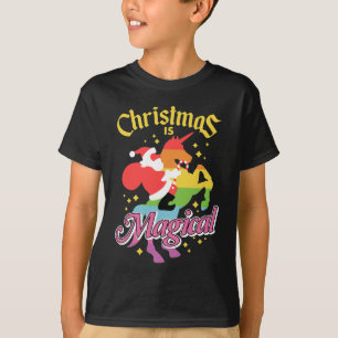 Camiseta O Natal É Mágico Papai Noel Cavalgando Unicórnio E