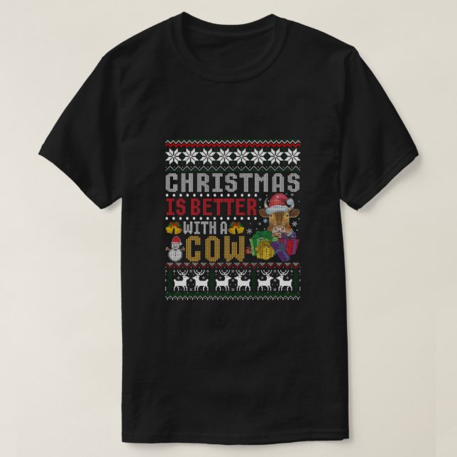 Camiseta O Natal É Melhor Com Uma Vaca Santa Hat Luz (Frente do Design)