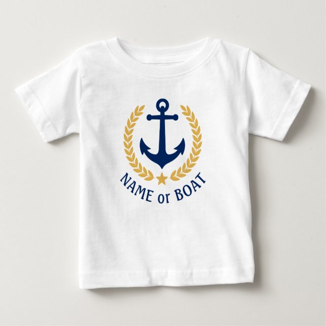 Camiseta O nome do seu barco Anchor Dourado Laurel deixa es (Frente)