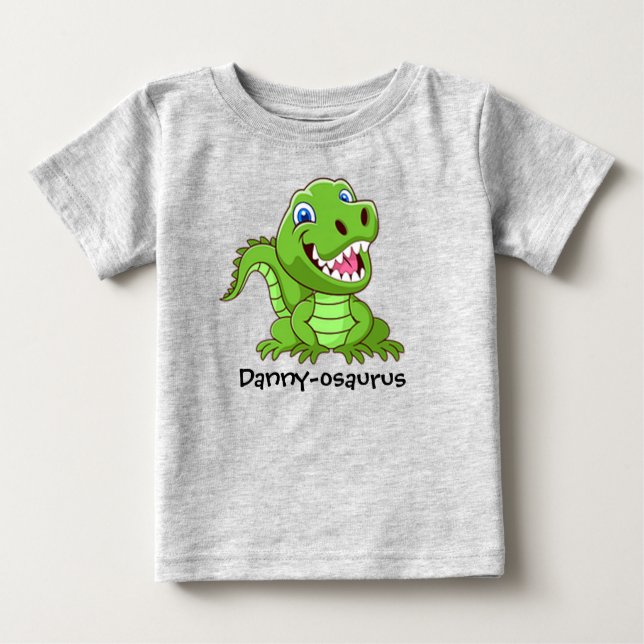 Camiseta O nome do seu filho Feliz Bebê T-Rex Dinossauro (Frente)