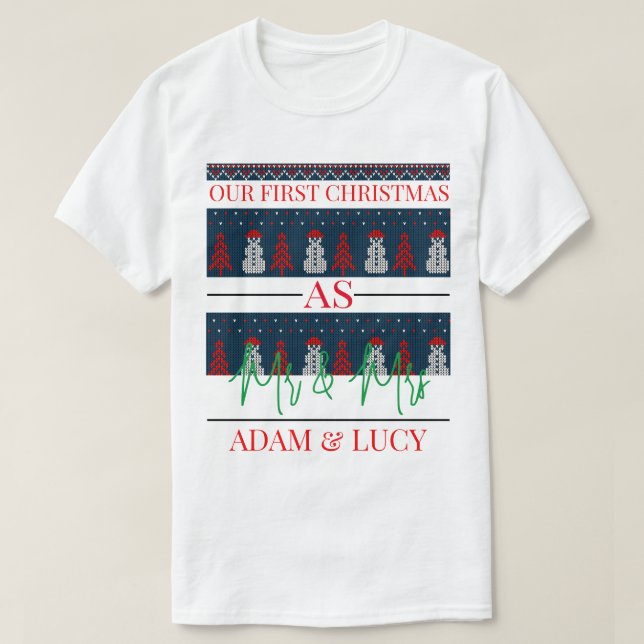 Camiseta O nosso primeiro Natal, Sr. e Sra. | recém-casados (Frente do Design)