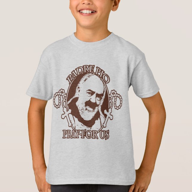 CAMISETA O PADRE PIO PRAY PARA E.U. POR EKLEKTIX, (Frente)