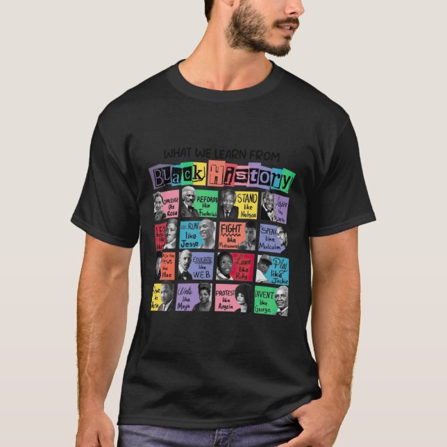 Camiseta O que aprendemos com o adesivo de histórico preto (Frente)