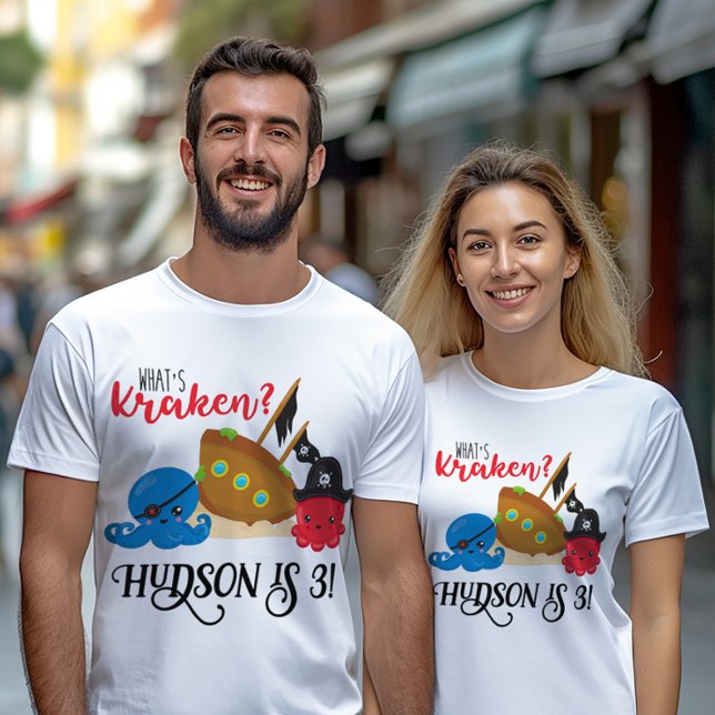 Camiseta "O que é Kraken" Octopus Pirate Parent ("What's kraken?" Parent's pirate octopus themed birthday shirts)