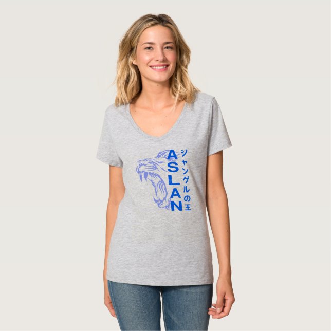 Camiseta O Rei da Selva | Pescoço-V feminino (Frente Completa)