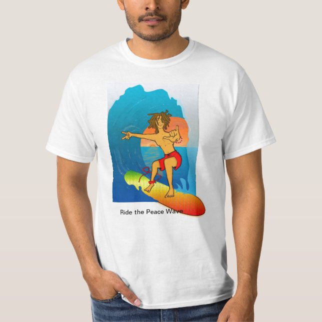 Camiseta O surfista do Hippie, monta a onda da paz (Frente)