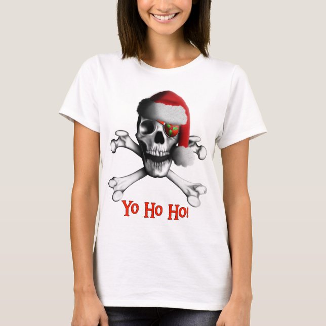 Camiseta O T das mulheres do pirata do Natal (Frente)