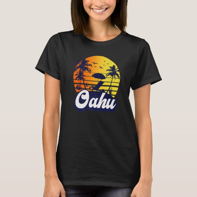 Camiseta Oahu Hawaii Hawaiian Sunset Beach Retro Premium (Frente)