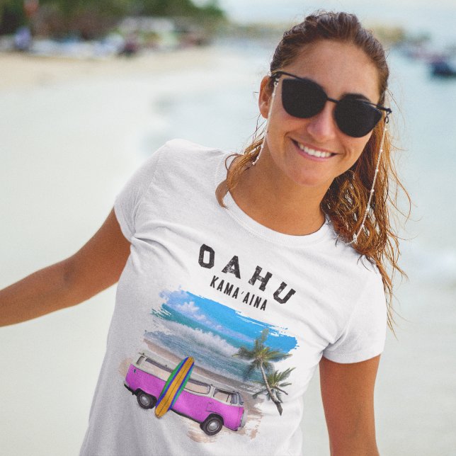 Camiseta Oahu Kamaʻaina Rosa Prancha de Surf Antiga Van (Criador carregado)