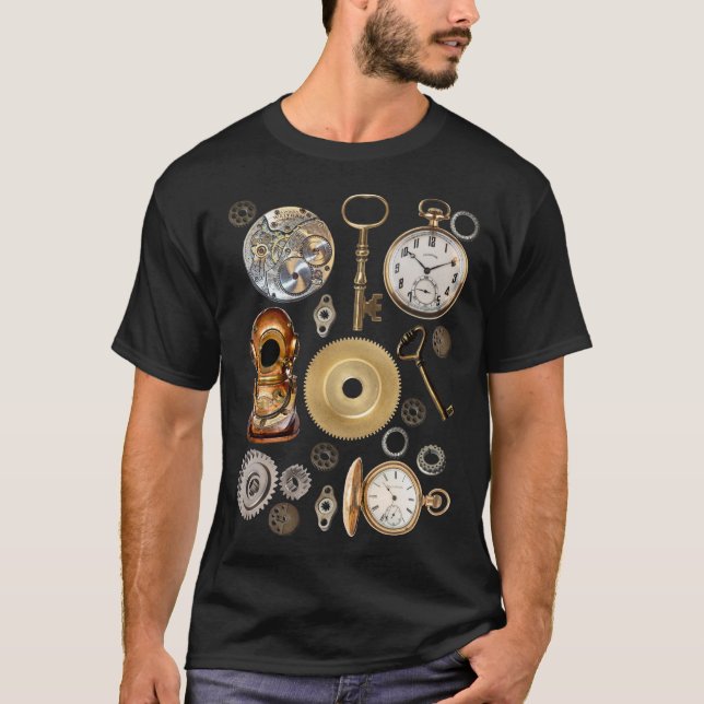 Camiseta Objetos Steampunk Gears Pocket Watch Skeletch Key (Frente)