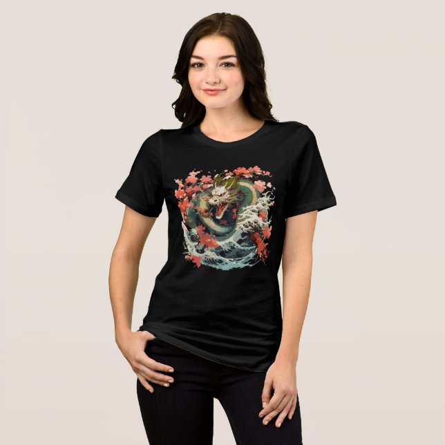 Camiseta Ocean Dragon with Sakura and Waves (Frente Completa)