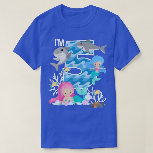 Camiseta Ocean Sharks and Mermaids 5th Birthday 5 Year Old  (Frente do Design)
