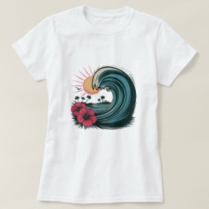 Camiseta Ocean Summer Beach Island Waves Red hibiscus