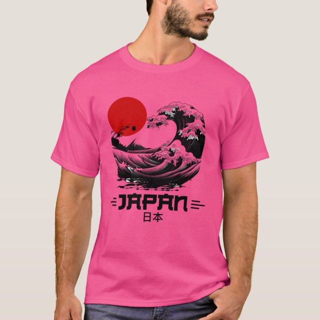 Camiseta Oceano Japonês com Sol Vermelho Retro para Homens  (Frente)