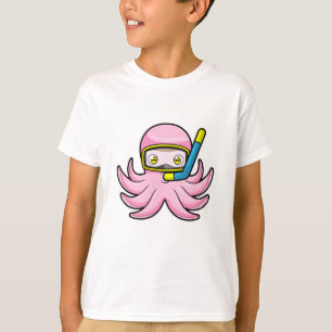 Camiseta Octopus em mergulho com Snorkel e óculos de nataçã