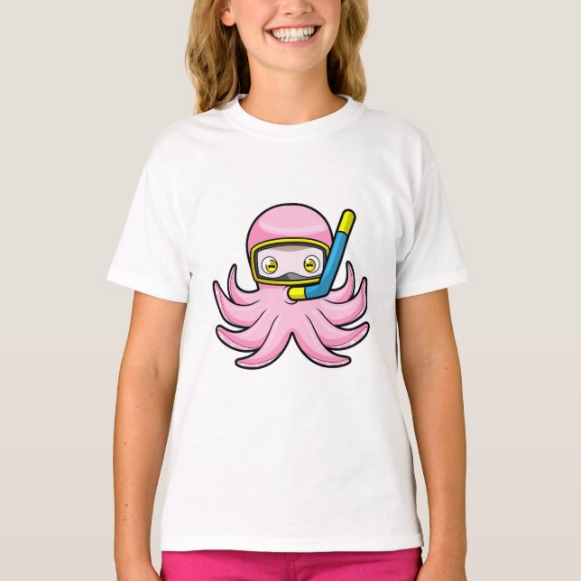 Camiseta Octopus em mergulho com Snorkel e óculos de nataçã (Frente)