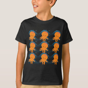 Camiseta Octopus Laranja E Padrão De Ondas Azuis