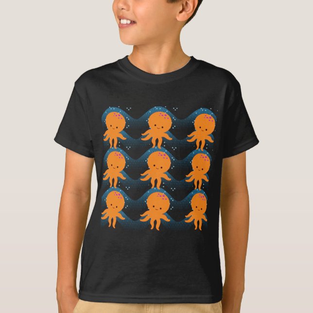 Camiseta Octopus Laranja E Padrão De Ondas Azuis (Frente)