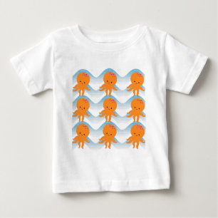 Camiseta Octopus Laranja E Padrão De Ondas Azuis