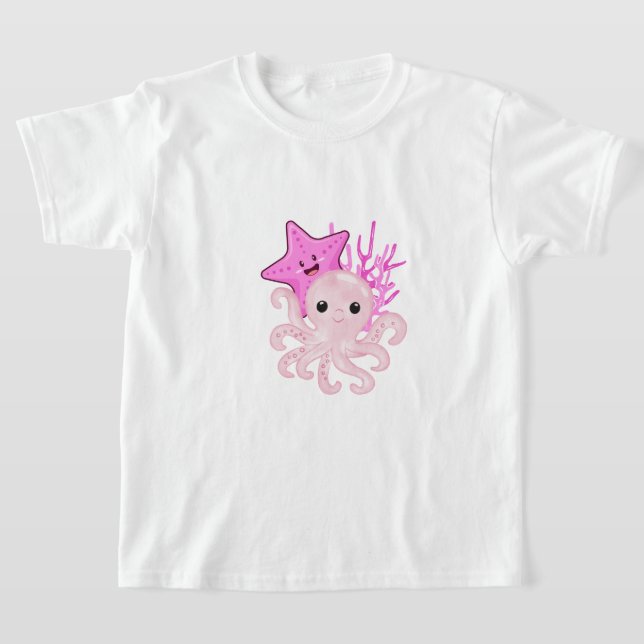 Camiseta Octopus, starfish, recife de coral em rosa, Design (Postura )