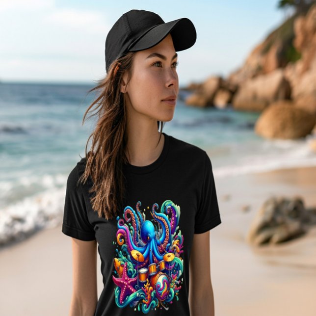 Camiseta Octopus tocando tambores Sinfonia do Mar Percussiv (Criador carregado)