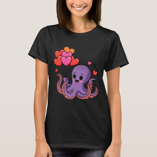 Camiseta Octopus With Heart Lloons Valentine Day  (Frente)