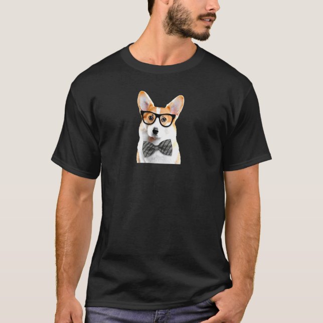 Camiseta Óculos de Corgi Nerd Gravata Borboleta Animal de E (Frente)