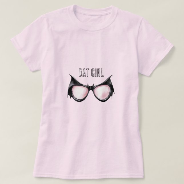 Camiseta Óculos de Menina Morcego Rosa Preta (Frente do Design)